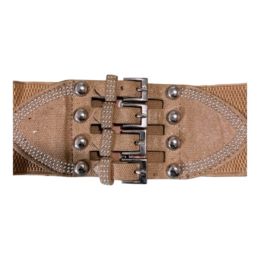 3" Wide Silver Buckle and Stud Belt With 2 Snap Closure at the Back Women's Tan - Picture 5 of 10